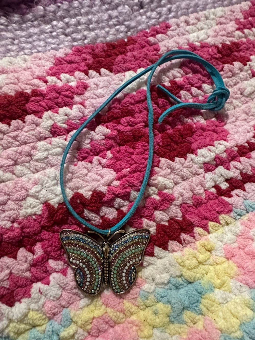 Multicolor Crystal Butterfly Pendant Necklace on Teal Cord